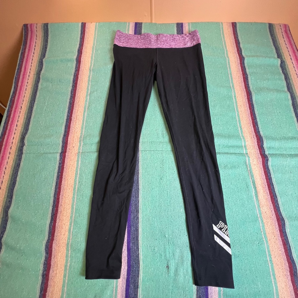 Pink Victoria's Secret Leggings Womens M Black Purple Foldover Yoga Pants Logo